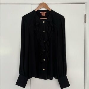 Tory Burch Shirt Black Silk Ruffle Front Gold Buttons Size 14